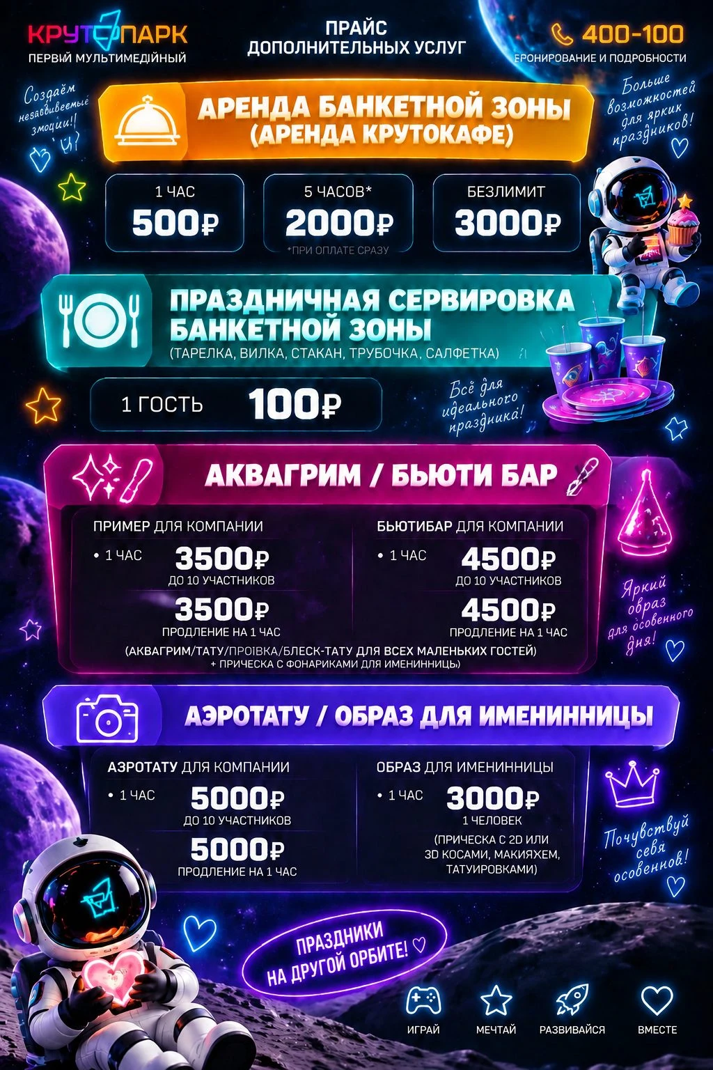 Афиша дополнительных услуг Крутопарка: аренда банкетной зоны КрутоКафе, праздничная сервировка, Аквариум и Бьюти-бар, Аэрозоту и образ для именинницы